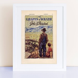 The Grapes of Wrath by John Steinbeck Print on an antique page, home decor, book cover art