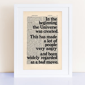 Douglas Adams Quote Print on an antique page, In the beginning the Universe was created, The Restaurant at the End of the Universe