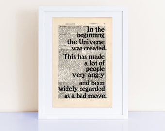 Douglas Adams Quote Print on an antique page, In the beginning the Universe was created, The Restaurant at the End of the Universe