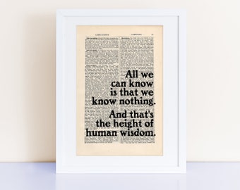 Leo Tolstoy War and Peace Quote Print on an antique page, All we can know is that we know nothing