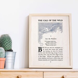May include: A black and white illustration of a mountain range with the text "The Call of the Wild" and "Into the Primitive" printed above the image. The text below the image reads "Old longings nomadic leap, Chafing at custom's chain, Again from its brumal sleep Wakens the ferine strain."  The text below that reads "Buck did not read the newspapers, or he would have known that trouble was brewing, not alone for himself, but for every tide-water dog, strong of muscle and with warm, long hair, from Puget Sound to San Diego. Because men, groping in the Arctic darkness, had found a yellow metal, and because steamship and transportation companies"