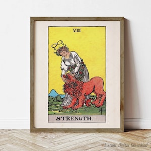 Carta del Tarot de la Fuerza, descarga digital instantánea, impresión local, póster de Tarot para regalar, baraja Rider Waite Smith 1909