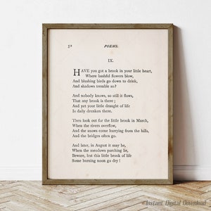 Emily Dickinson poem, Have you got a brook in your little heart? poetry gifts, instant download printable, poem, 1892 page, reading nook