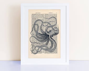 Blue Octopus Print on a encyclopedia page, home decor, octopus wall art, octopus wall decor, octopus gifts