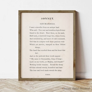Ozymandias by Percy B Shelley, book lovers gifts, instant digital download, poetry gifts, 1819 page, print locally
