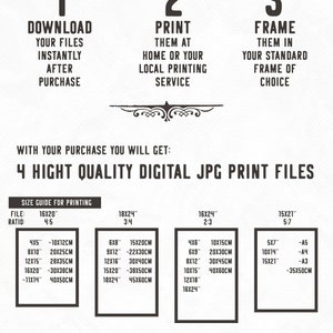 May include: A black and white graphic with the text "Your Prints As Easy As" and three numbered steps: 1. Download, 2. Print, 3. Frame.  The graphic also includes a size guide for printing with different file sizes and ratios in inches and centimeters.