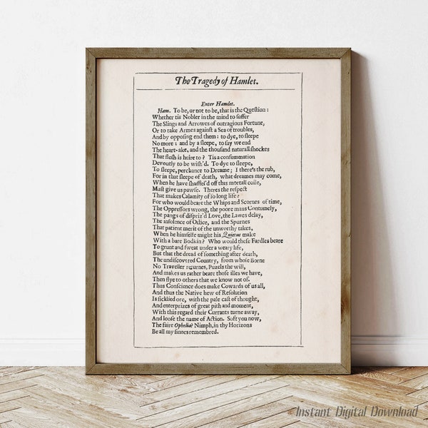 Hamlet, to be or not to be, William Shakespeare, printable, instant download, print locally, Tragedy of Hamlet, that is the question