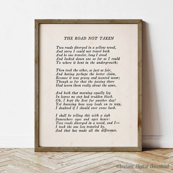 The Road Not Taken by Robert Frost, book lovers poetry gifts, instant digital download printable, 1916 page, print locally, last minute