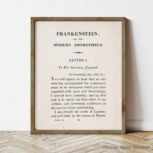 Frankenstein by Mary Shelley, book lovers gifts, digital download printable, first page first edition 1818, print locally