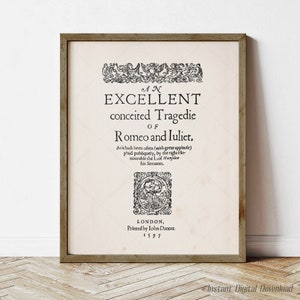 Romeo and Juliet, William Shakespeare, book poster printable, book lovers gifts, instant digital download, Shakespeare, reading nook decor