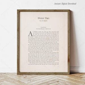 Poster Peter Pan, Geschenke für Buchliebhaber, sofortiger Download, lokaler Druck, erste Seite, erste Zeilen, JM Barrie, Leseecke