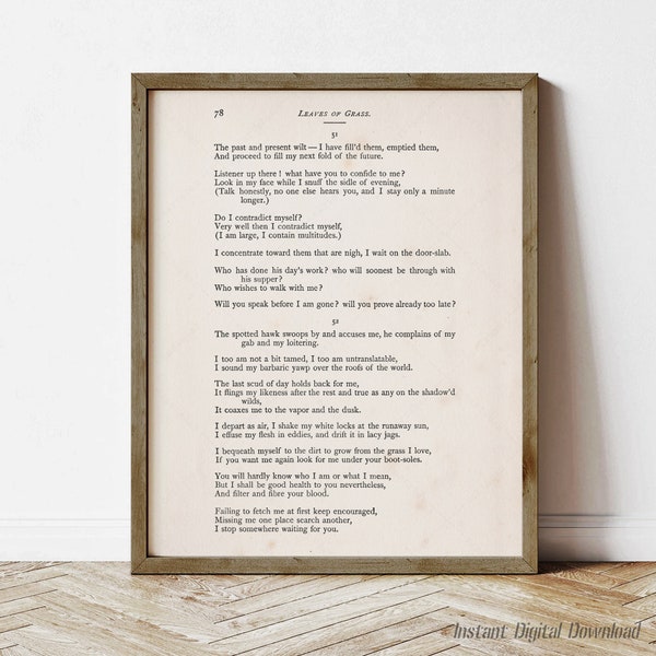 Song of Myself by Walt Whitman, Leaves of Grass, digital download printable, 1881 edition, print locally, Do I contradict myself?