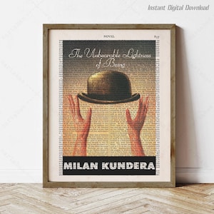 May include: A vintage-style book cover with a brown background and white text. The title is "The Unbearable Lightness of Being" by Milan Kundera. The cover features a black and white illustration of a person holding a bowler hat.