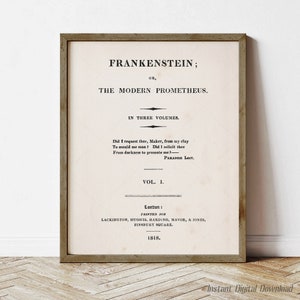 Frankenstein von Mary Shelley, Geschenke für Buchliebhaber, digitaler Download zum ausdrucken, Titelseite Erstausgabe 1818, Druck vor Ort, Literaturgeschenk