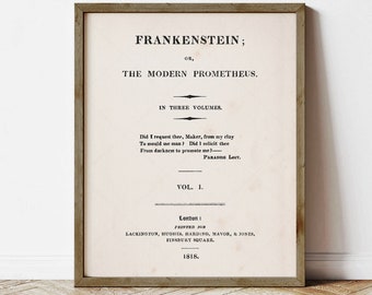 Frankenstein by Mary Shelley, book lovers gifts, digital download printable, title page first edition 1818, print locally, literature gift