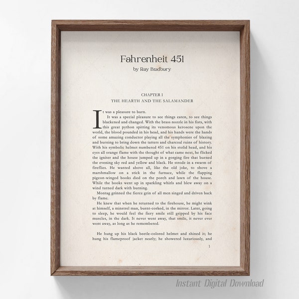 Fahrenheit 451 Poster, book lovers gifts, digital download, print locally, First Page Chapter 1, Ray Bradbury, it was a pleasure to burn