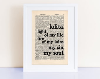 Lolita Quote Print on an antique page, Vladimir Nabokov, Lolita, light of my life, fire of my loins. my sin, my soul