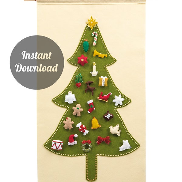 Patrón de calendario de Adviento de fieltro - Cuenta regresiva tradicional para árbol de Navidad con 24 adornos de personajes preciados - Bricolaje