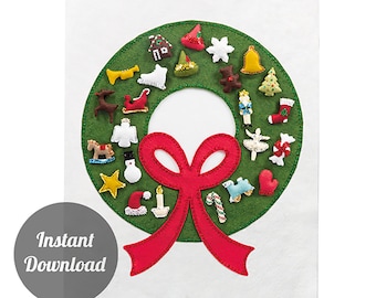 May include: A felt Christmas advent calendar with a green wreath and red bow. The wreath has 24 numbered pockets with felt ornaments. The numbers 1 through 24 are printed below the wreath. The text "Instant Download" and "sugarhouseshop.etsy.com" are printed below the numbers.