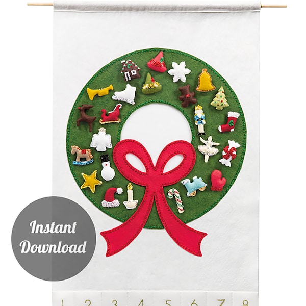 DIY Felt Wreath Advent Calendar Pattern - Christmas Countdown - 'Carol of the Bells with 24 Treasured Character Ornaments'