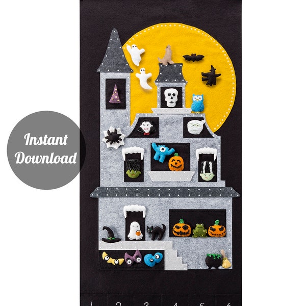 Halloween Countdown Calendar Pattern - Felt Haunted Moonlit 'Monster House' + 30 Spooky Ornaments DIY PDF