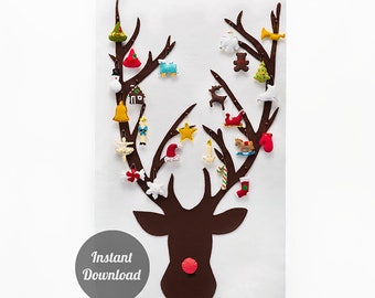 May include: A felt reindeer advent calendar with 24 numbered pockets for hanging ornaments. The reindeer is brown with a red nose and antlers. The pockets are decorated with various Christmas-themed felt ornaments.
