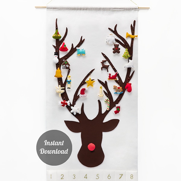 Padrão de costura do calendário do advento de Natal - Contagem regressiva de feltro DIY - Rudolph, a rena do nariz vermelho com 24 personagens preciosos