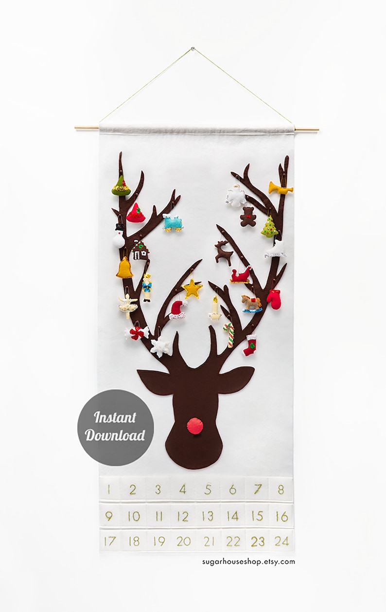 Christmas Advent Calendar Sewing Pattern DIY Felt Countdown Rudolph the Red Nosed Reindeer with 24 Treasured Characters image 1