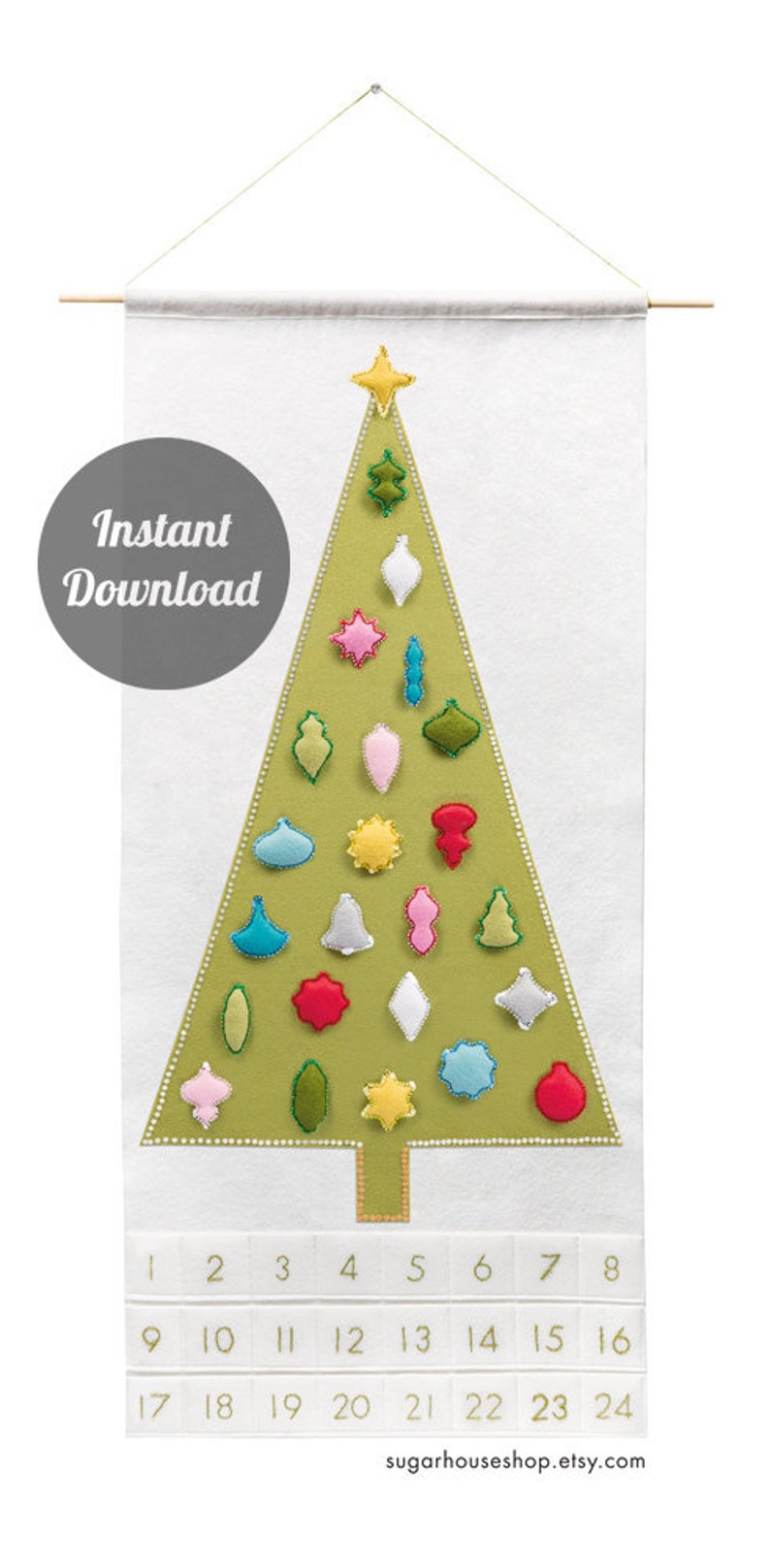 Christmas Tree Advent Calendar Pattern Modern Countdown 'Joyful and Triumphant with 24 Vintage Ornaments' DIY image 1