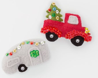 Truck with Tree and Airstream Trailer Christmas Ornament Pattern Set - Christmas Advent Calendar Felt Add-On Ornaments DIY