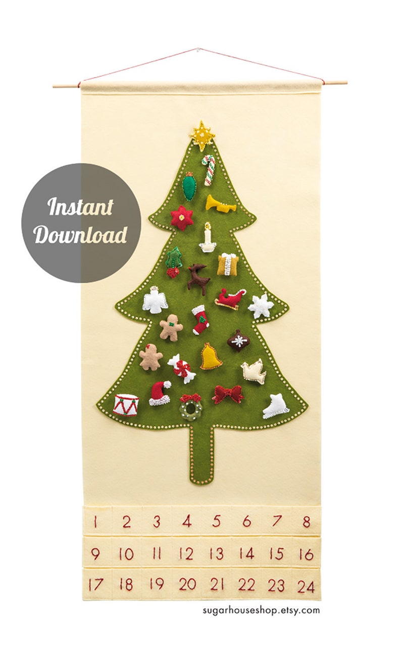 Felt Advent Calendar Pattern Traditional Christmas Tree Countdown with 24 Treasured Character Ornaments DIY image 1