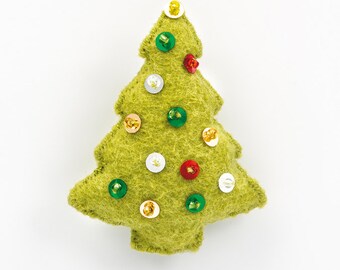 May include: A green felt Christmas tree ornament with colorful sequins. The ornament is decorated with red, green, gold, and white sequins.