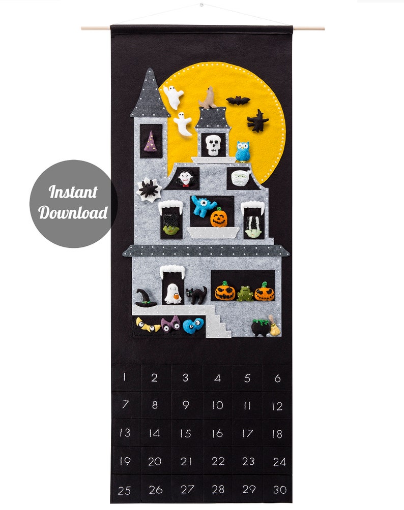 Halloween Countdown Calendar Pattern Felt Haunted Moonlit 'Monster House' 30 Spooky Ornaments DIY PDF image 1