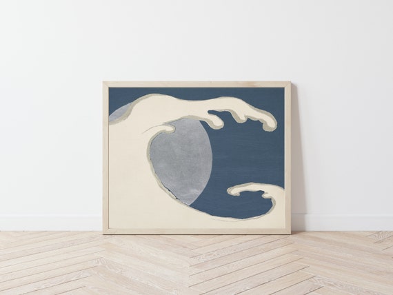 Abstract Art of Wave and Sun / Mid Century Modern Art Print / Vintage Ocean Artwork / Japanese Beach House Decor / Navy Blue Art Poster Il_570xn