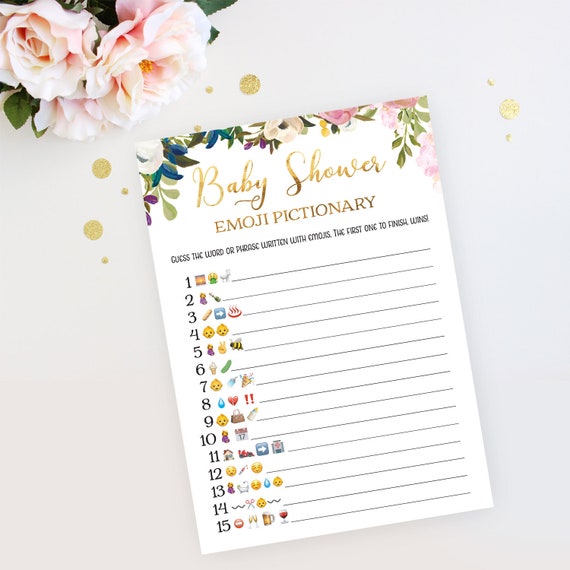 Baby Shower Emoji Pictionary Game. Emoticon Baby Shower Game. Printable Game. Instant Download. Girl Baby Shower. Pink and Gold. Floral. Il_570xn