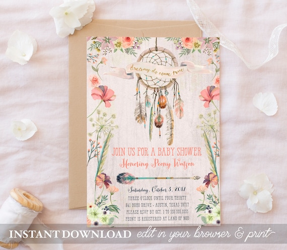 Dreamcatcher Baby Shower Invitation Dreams Do Come True INSTANT DOWNLOAD Boho Baby Shower Invites Printable Template Floral Rustic Il_570xn