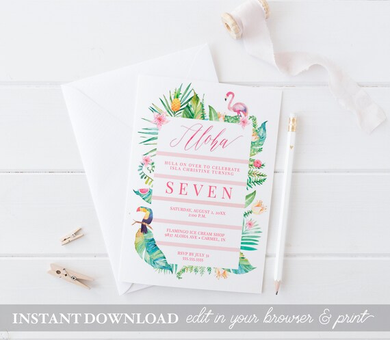 Aloha Tropical Flamingo Birthday Party Invitations INSTANT DOWNLOAD Pool Party Invite PRINTABLE Hawaiian Party Summer Party Luau Party Il_570xn
