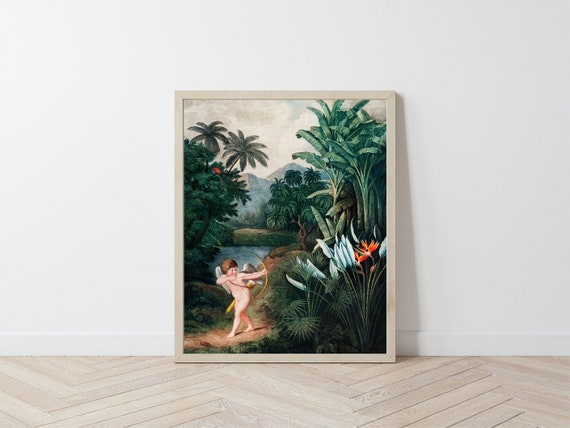 Valentine's Cupid Art Print / Vintage Valentine's Artwork Wall Decor / Cupid Painting with Tropical Botanicals Il_570xn