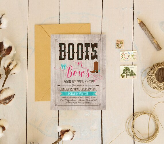 Boots or Bows Gender Reveal Invitation INSTANT DOWNLOAD Baby Shower Reveal Invitation Editable Template Boy or Girl Reveal Invite Pink Blue Il_570xn