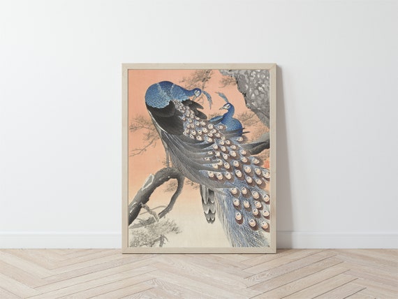 Vintage Coral Pink and Blue Art Print / Japanese Animal Painting Two Peacocks Picture / Valentine's Day Art / Wall Decor Poster Il_570xn