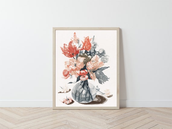 Coral and Navy Flowers in a Vase Art Print - Valentine's Day Art - Vintage Botanical Art / Wall Decor Poster Il_570xn