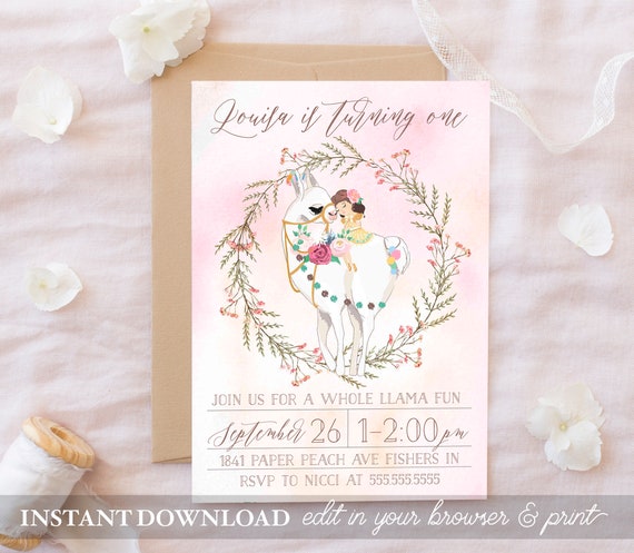 Whole Llama Fun Birthday Party Invitations Llama Party Fiesta INSTANT DOWNLOAD Birthday Invites PRINTABLE Template Girl Birthday Template Il_570xn