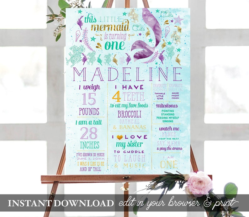 Mermaid First Birthday Poster Board Instant Download Etsy