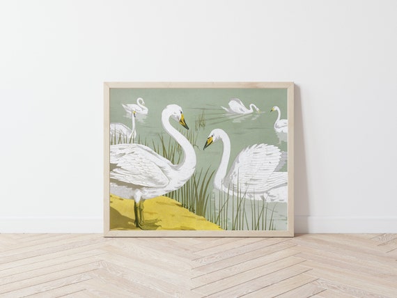 Swans Art Print - Vintage Eclectic Lake Scene Painting Picture / Living Room Home Wall Decor / Teal and Gold Art Painting Poster Il_570xn