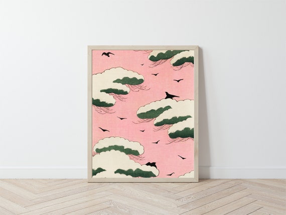 Pink Vintage Nursery Art Print / Abstract Japanese Poster of Birds / Baby Girl Nursery Wall Decor Il_570xn