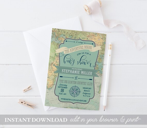 Adventure Begins Baby Shower Invitations Its a Boy Vintage Map INSTANT DOWNLOAD Gender Neutral Baby Shower Invites PRINTABLE Template File Il_570xn