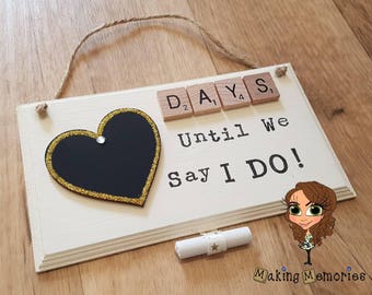 Countdown Wedding Plaque Bride Groom Married Say I do Personalised Glitter and Chalk