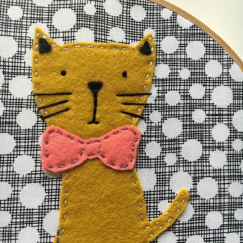 Embroidery Hoop Art Wall Art Mustard Cat with Coral Bow Tie Etsy