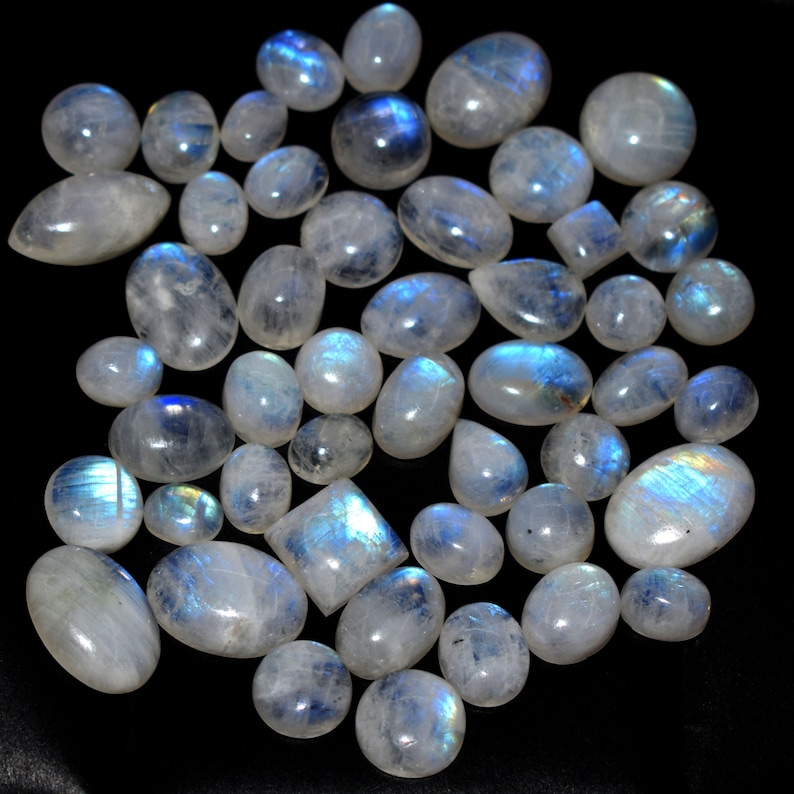 253 Cts Natural Rainbow Moonstone Blue Fire Cabochon Top Quality Gemstone Lot 48 Pieces Mix Shape Size 17x12 To Size 9x7 Free Shipping Z-148