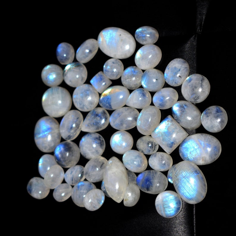 253 Cts Natural Rainbow Moonstone Blue Fire Cabochon Top Quality Gemstone Lot 48 Pieces Mix Shape Size 17x12 To Size 9x7 Free Shipping Z-148